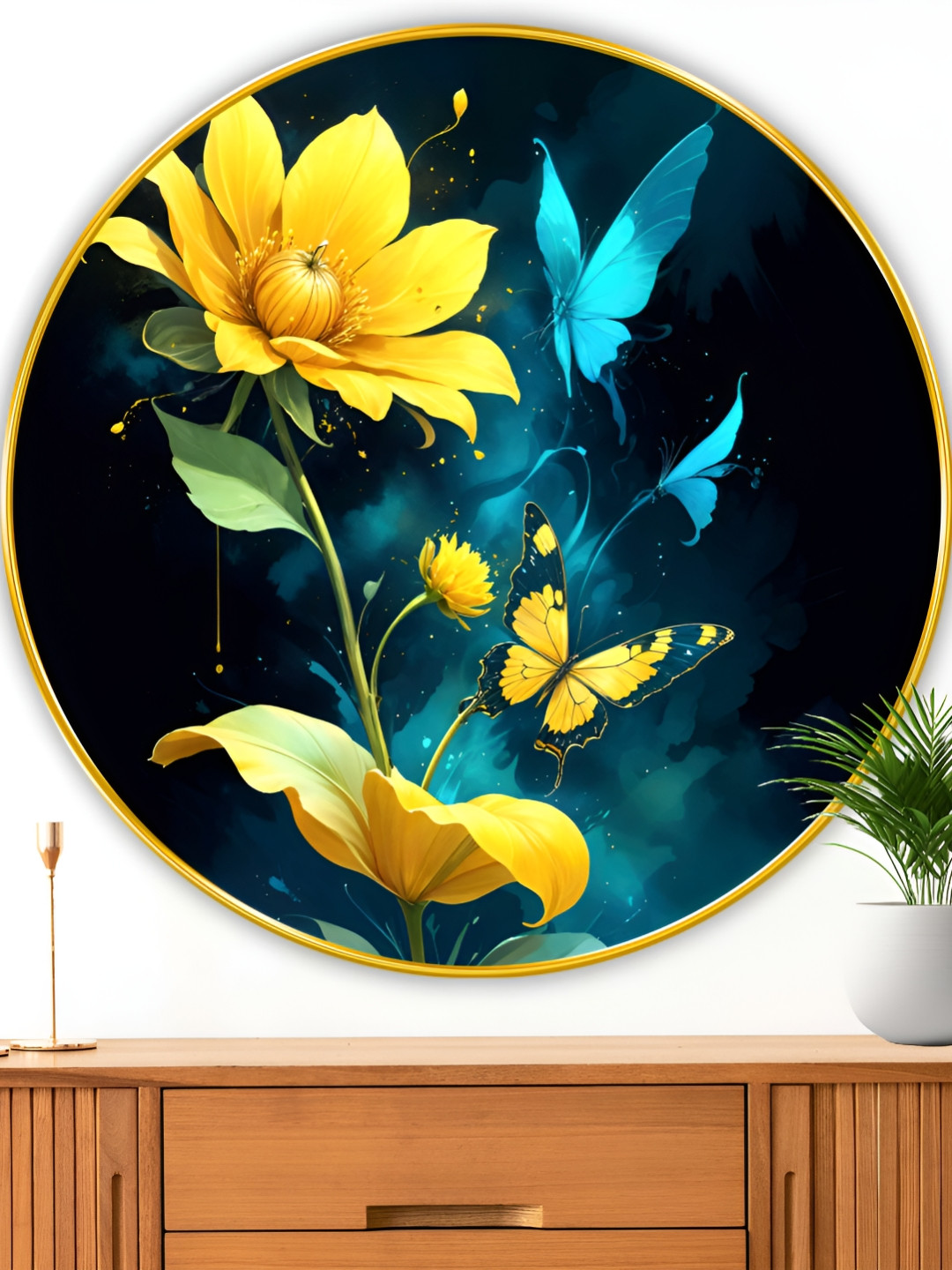 Myntra Elegant Homes Teal Blue & Yellow Floral And Botanical Wooden Wall Art