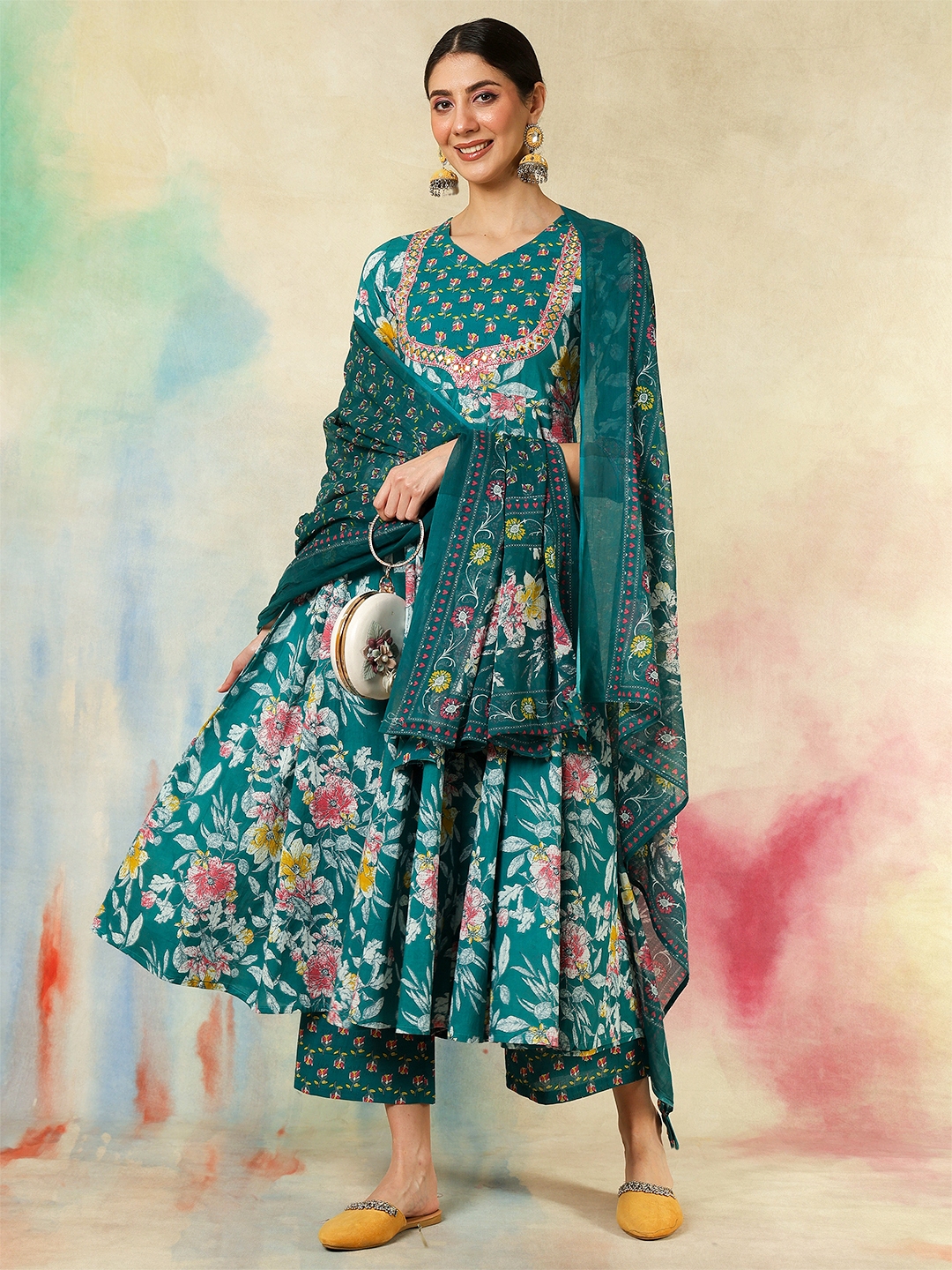 KIMAYRA Floral Printed Pure Cotton Anarkali Kurta With Palazzos And Dupatta - Kurta Sets for Women 32608417 | Myntra