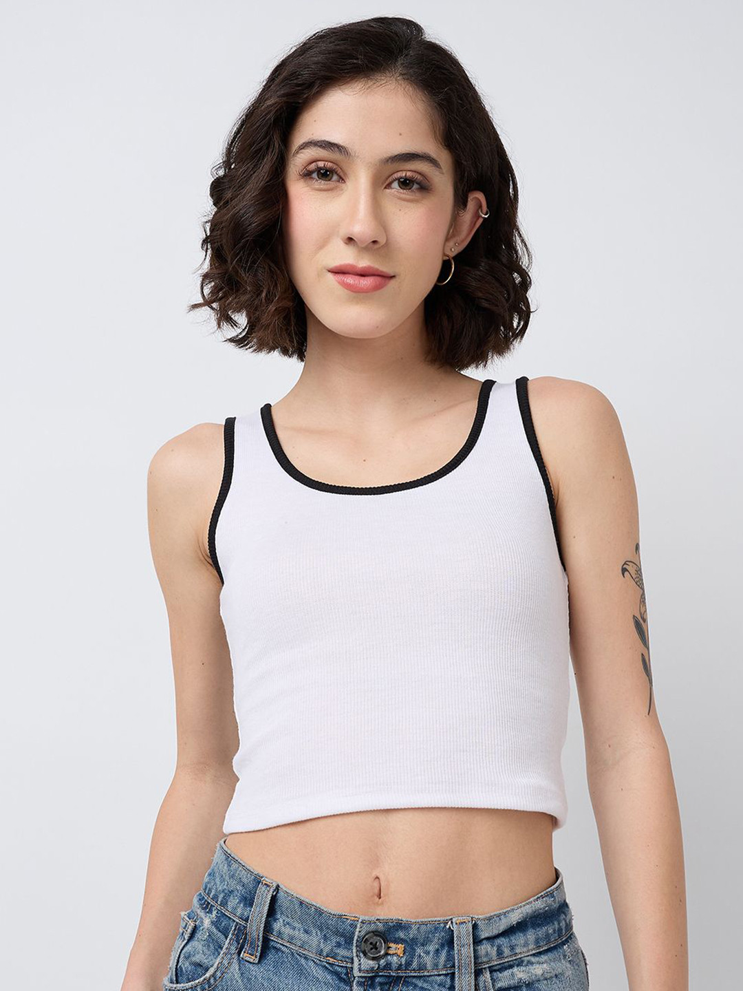 SZN Women White Ribbed Crop Tank Top - Casual Wear