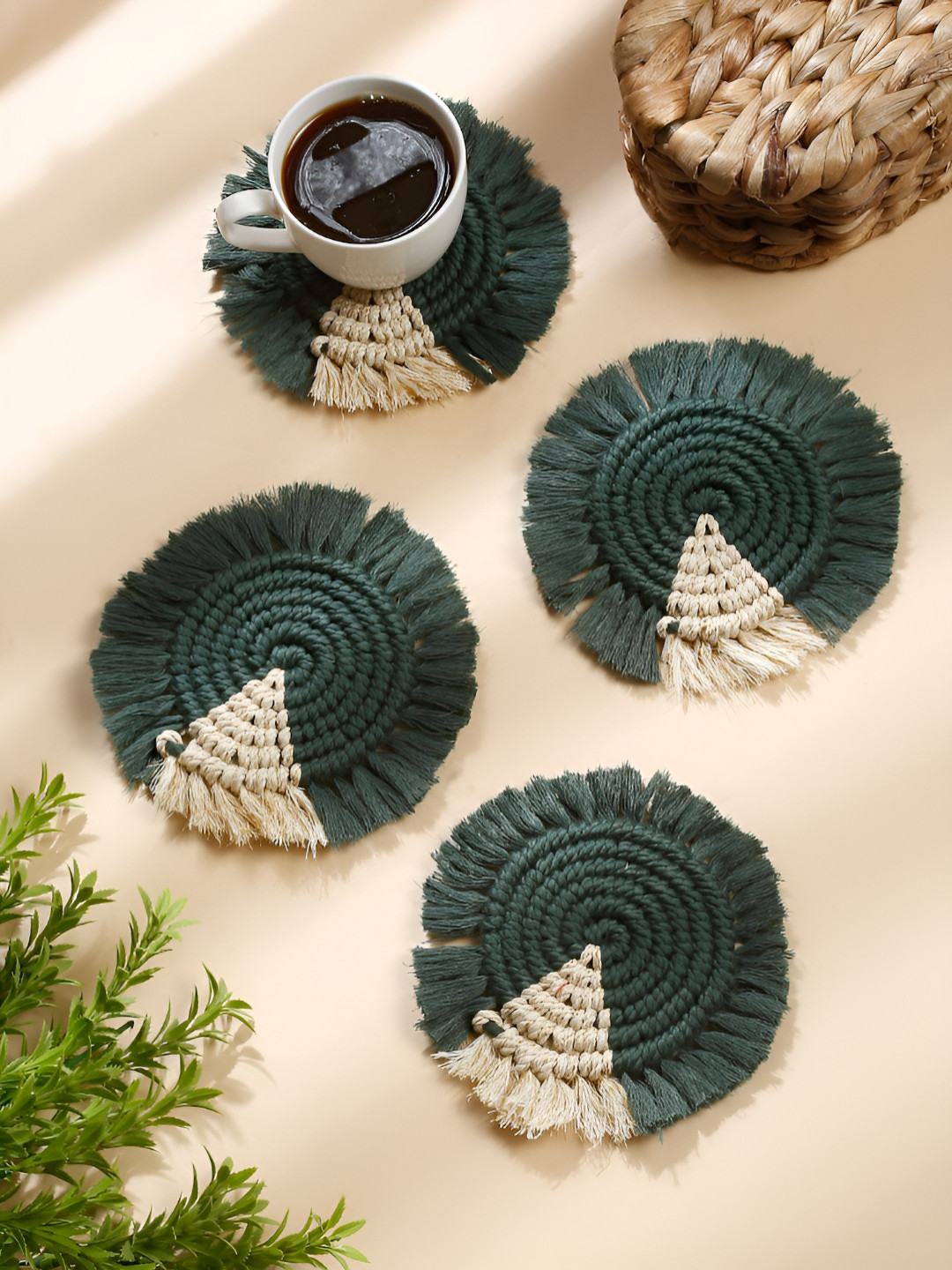 My Creative Hut 4-Pcs Green & Beige Textured RoundCoasters