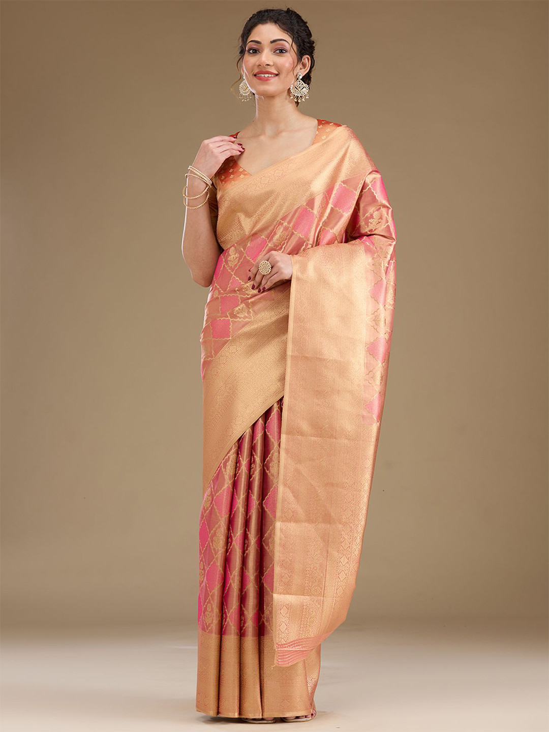 Koskii Woven Design Rani Pink Zari Work Tissue Saree