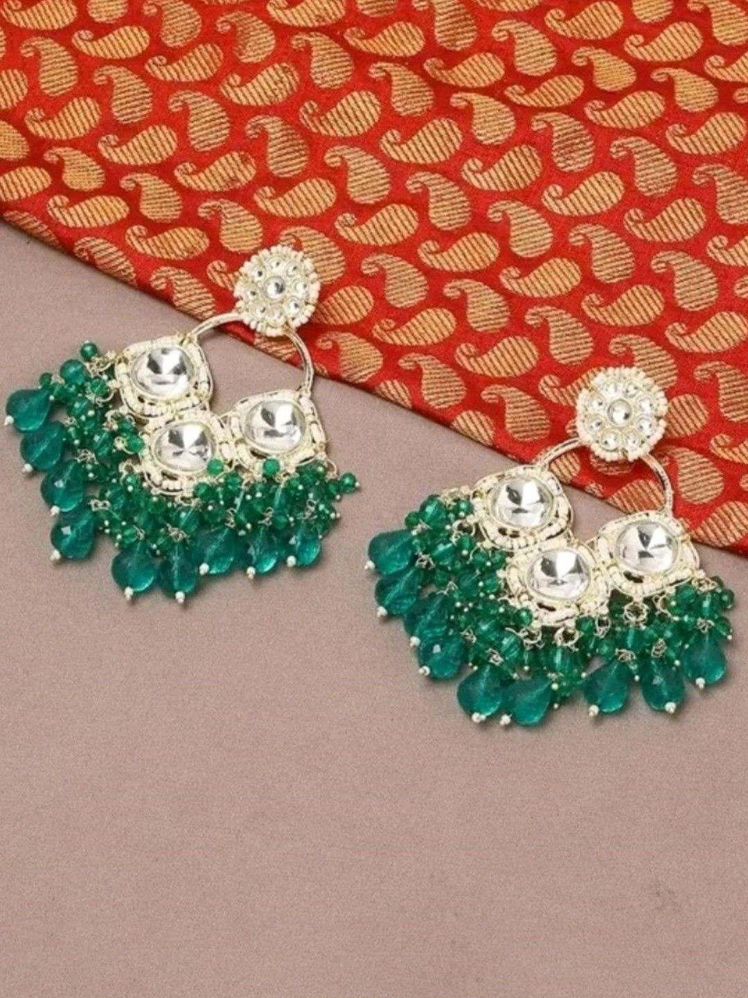 MADDY SPACE Silver-Plated Artificial Stones Studded And Beaded Drop Earrings