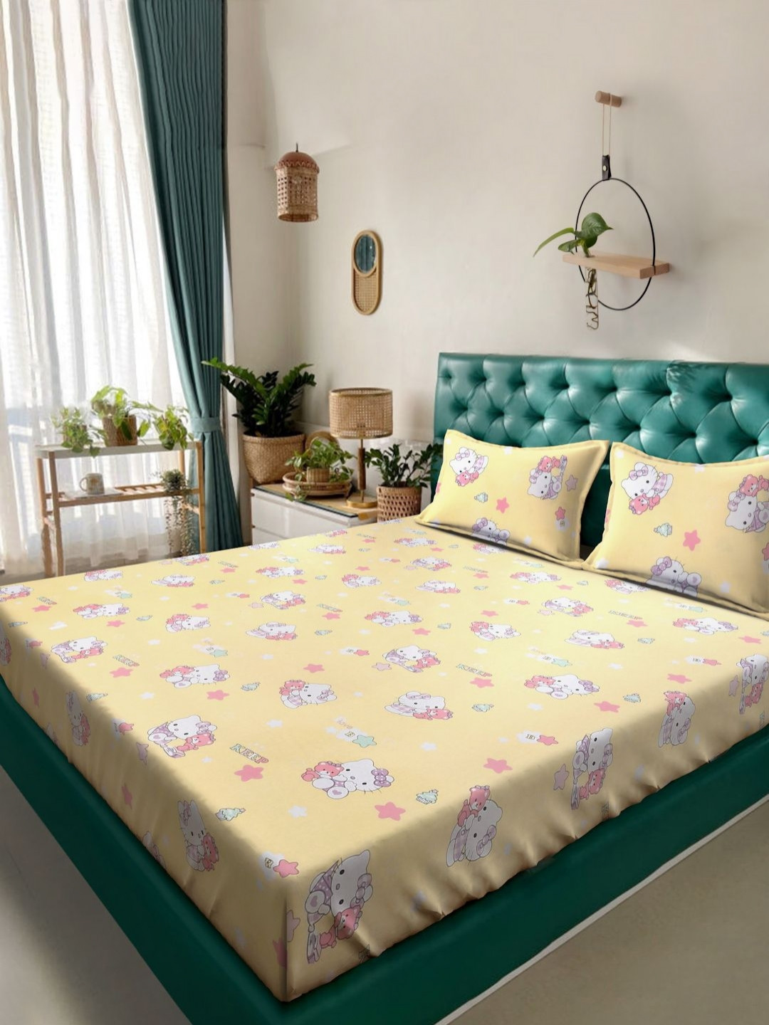 KLOTTHE Yellow Cartoon Characters Pure Cotton 400 TC King Superfine Bedsheet with 2 Pillow Covers-98 x 89 inches