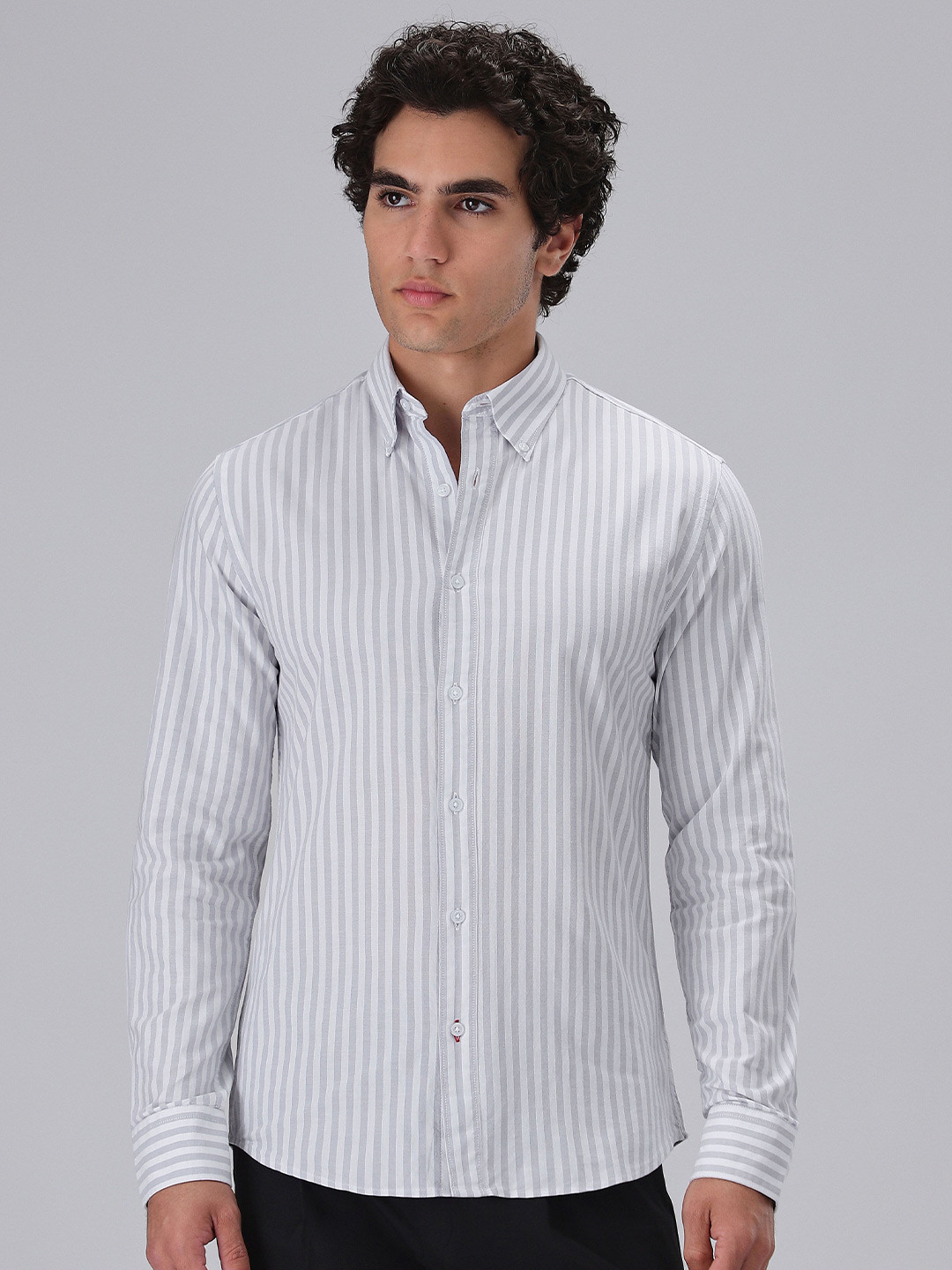 Banana Club Men Grey Cotton Oxford Stripe Shirt