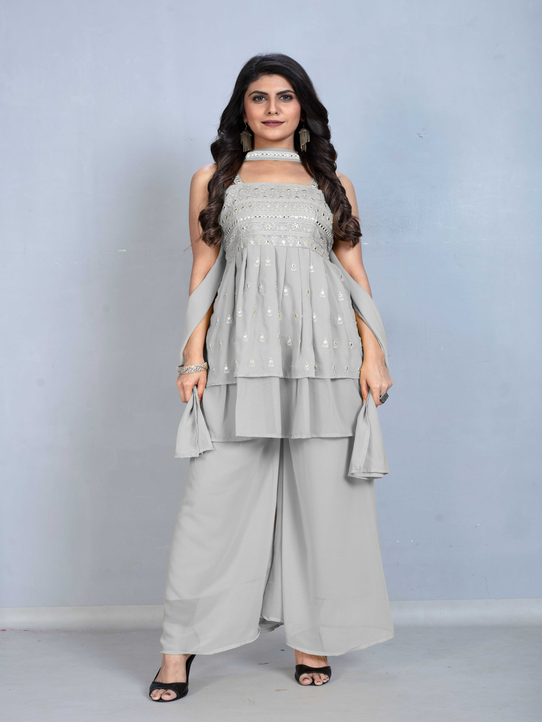 SANCIA Embroidered Ethnic Tunic with Palazzos & Dupatta