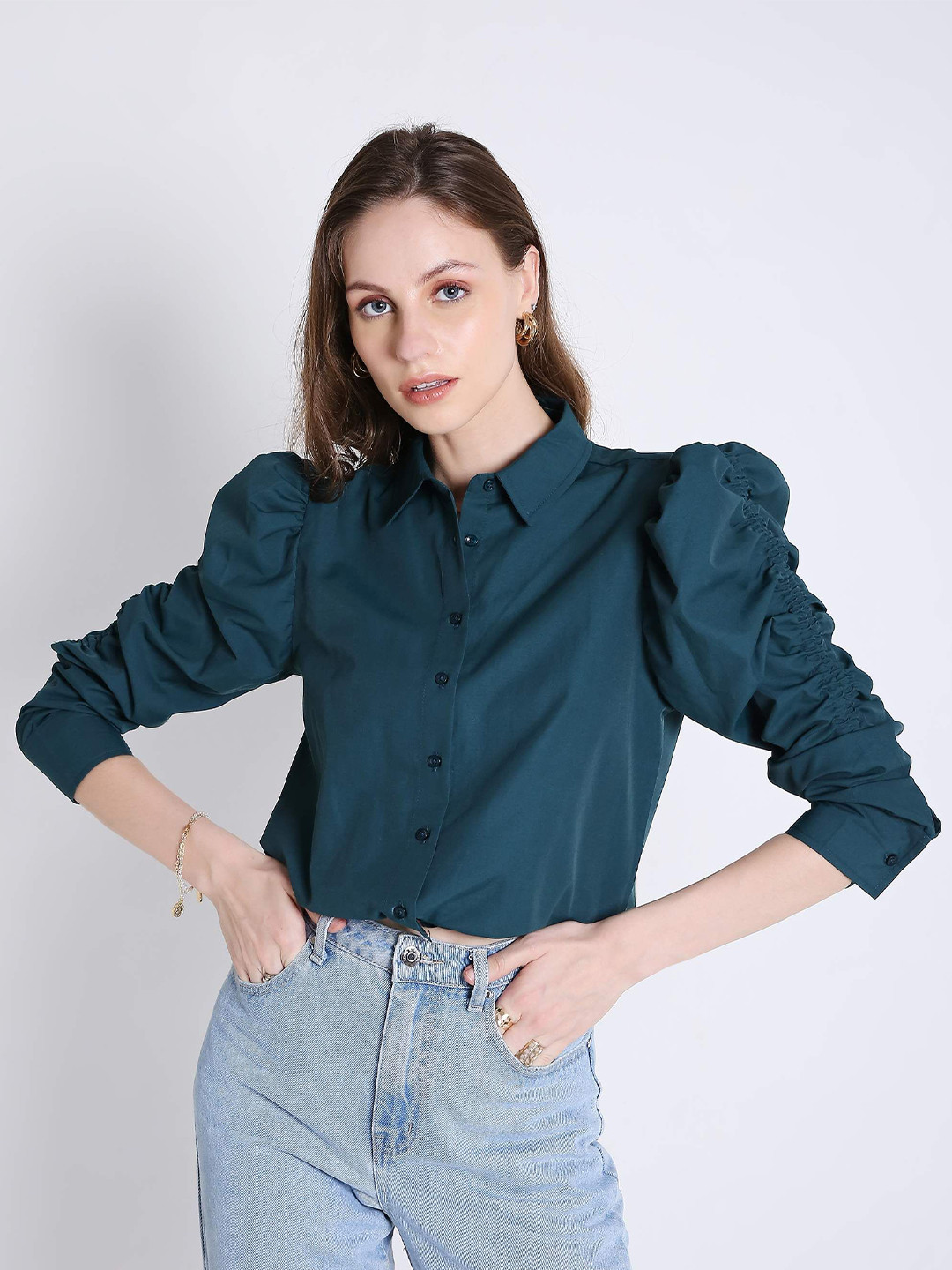 French Theory Women Comfort Fit Spread Collar Solid Cotton Casual Shirt