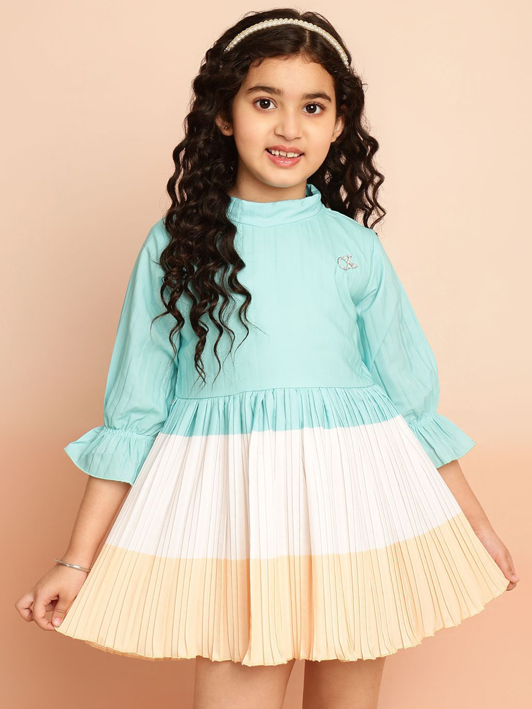 Ishti Girls Colourblocked Round Neck Bell Sleeves Top