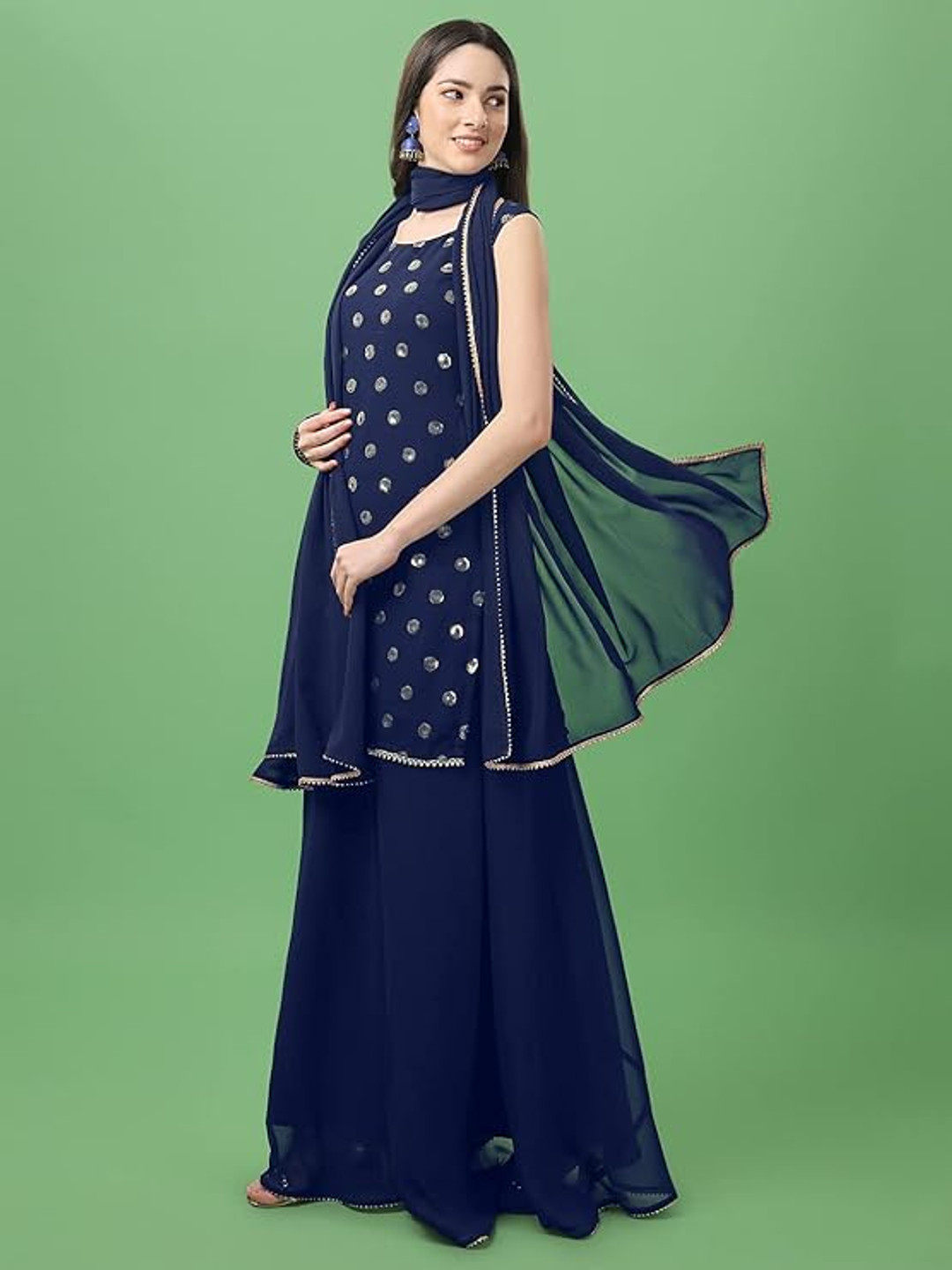 PARROT CREATION Geometric Embroidered Georgette Straight Kurti With Palazzo & Dupatta
