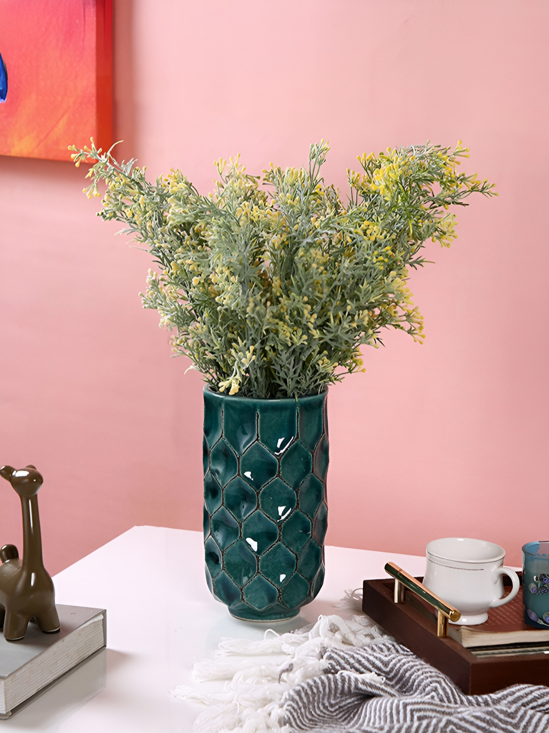 Myntra Elegant Homes Green Honey Combed Cylindrical Shaped Ceramic Vase
