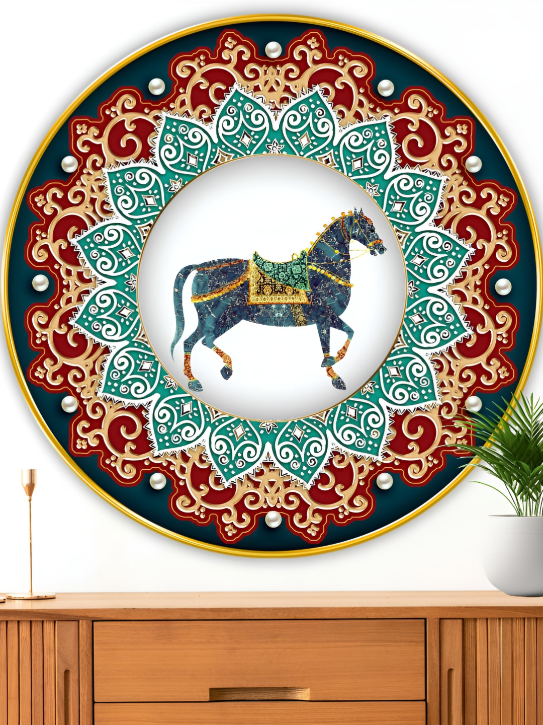Myntra Elegant Homes Red & Green Dancing Horse Birds And Animals Wooden Wall Art
