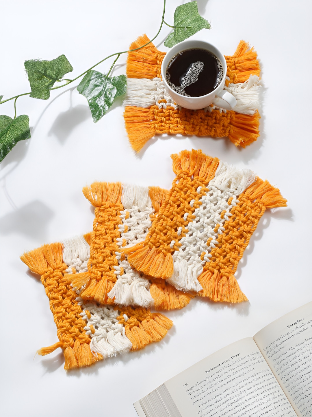 My Creative Hut Orange And White 4 Pcs Square Shape Macrame Coasters
