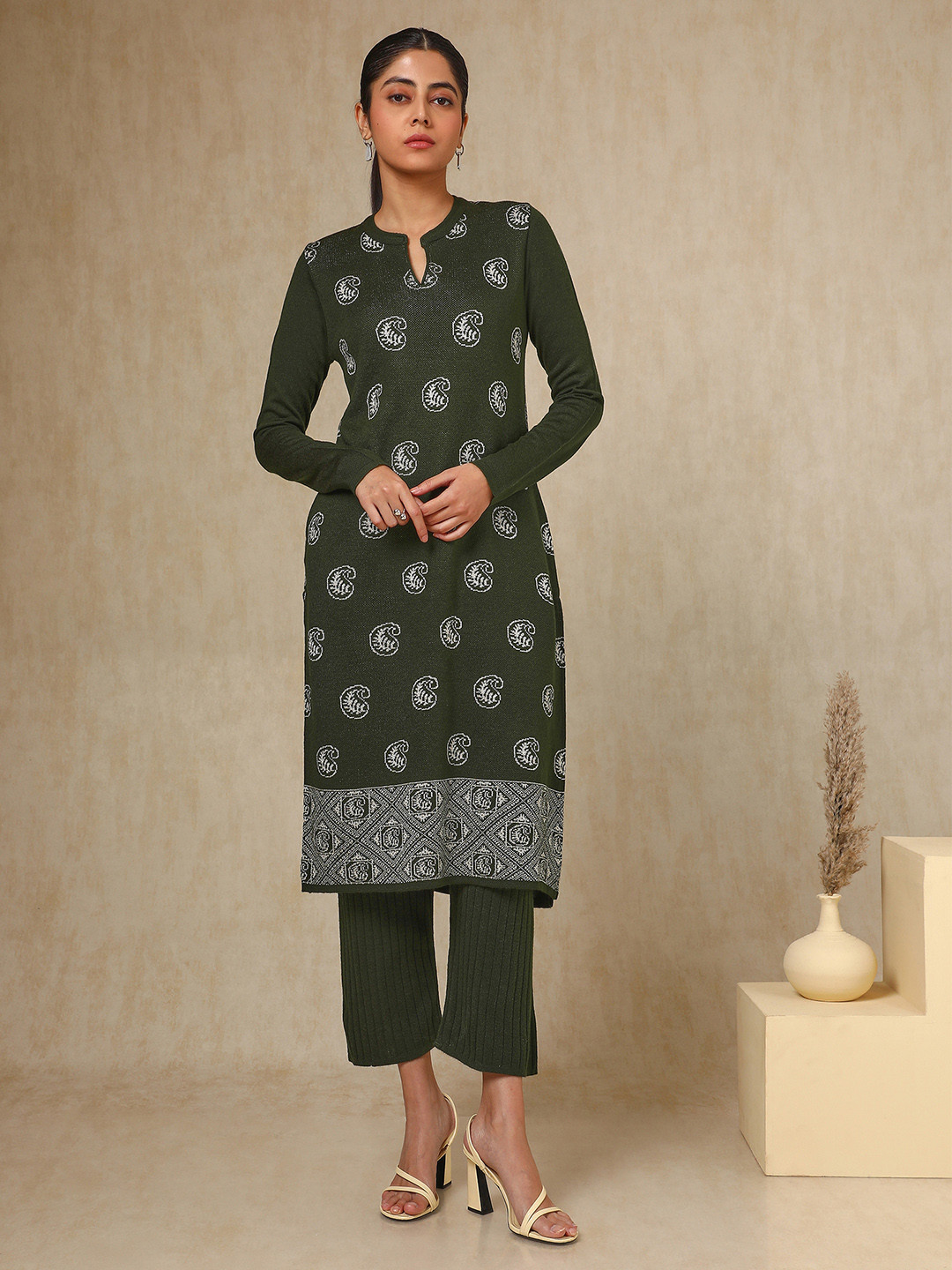 Soch Olive Green Paisley Woven Design Mandarin Collar Acrylic Straight Kurta With Trouser
