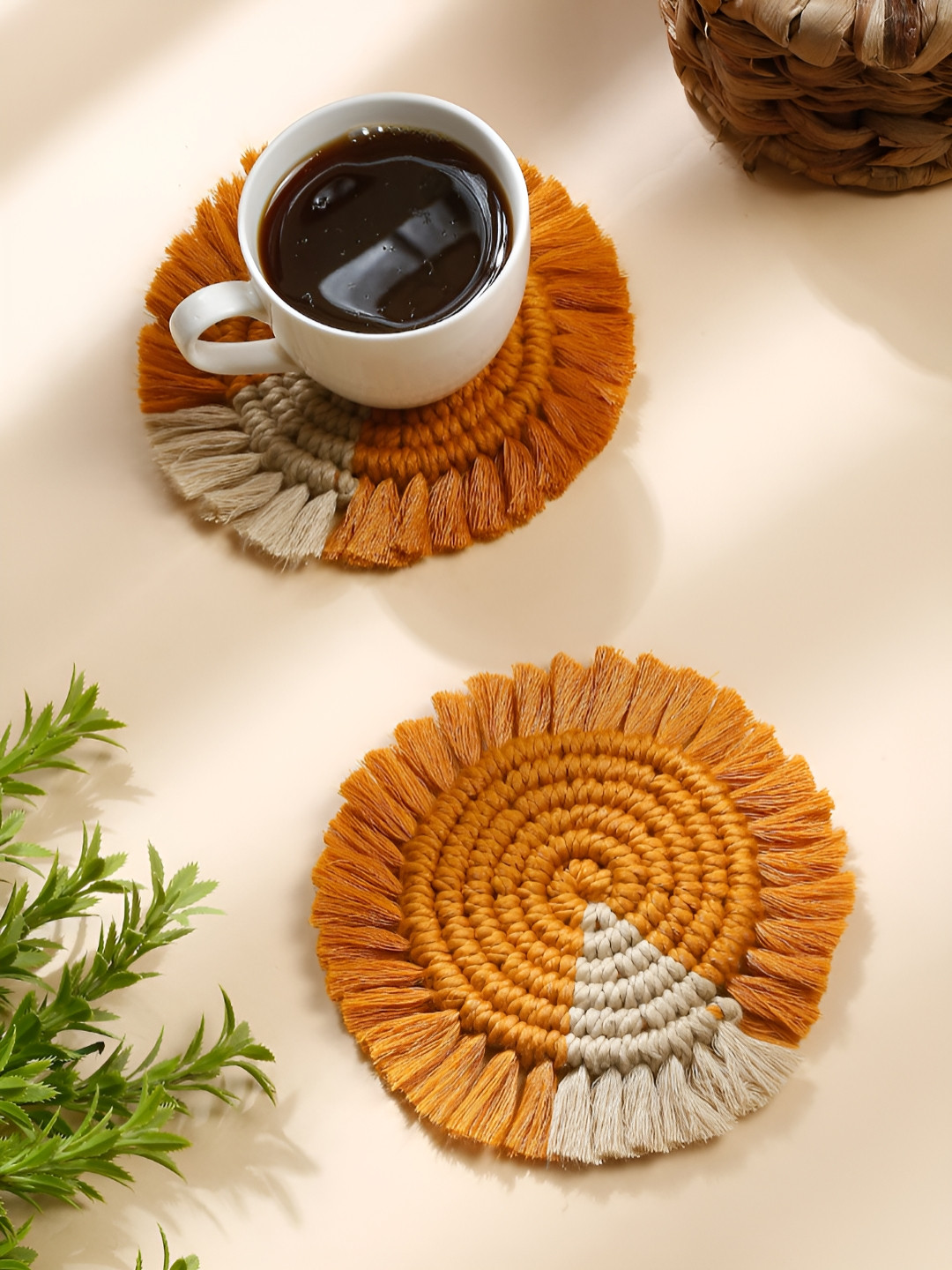 My Creative Hut Beige And Mustard 2 Pcs Round Shape Macrame Coasters
