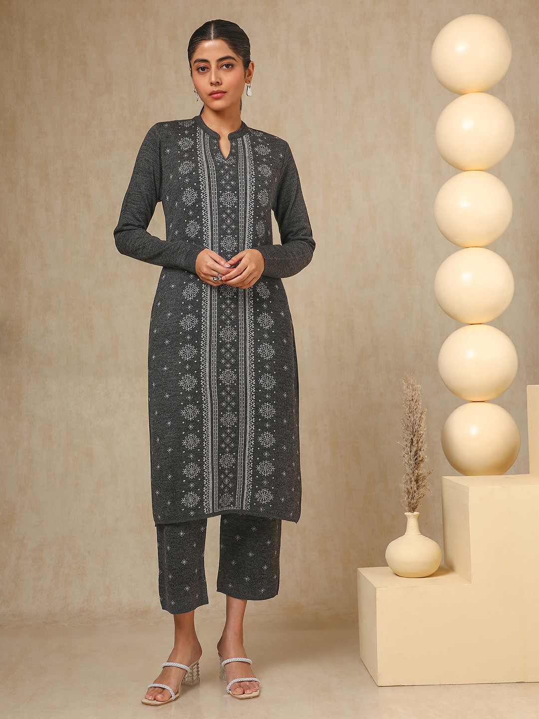 Soch Charcoal Floral Woven Design Mandarin Collar Acrylic Straight Kurta With Trouser
