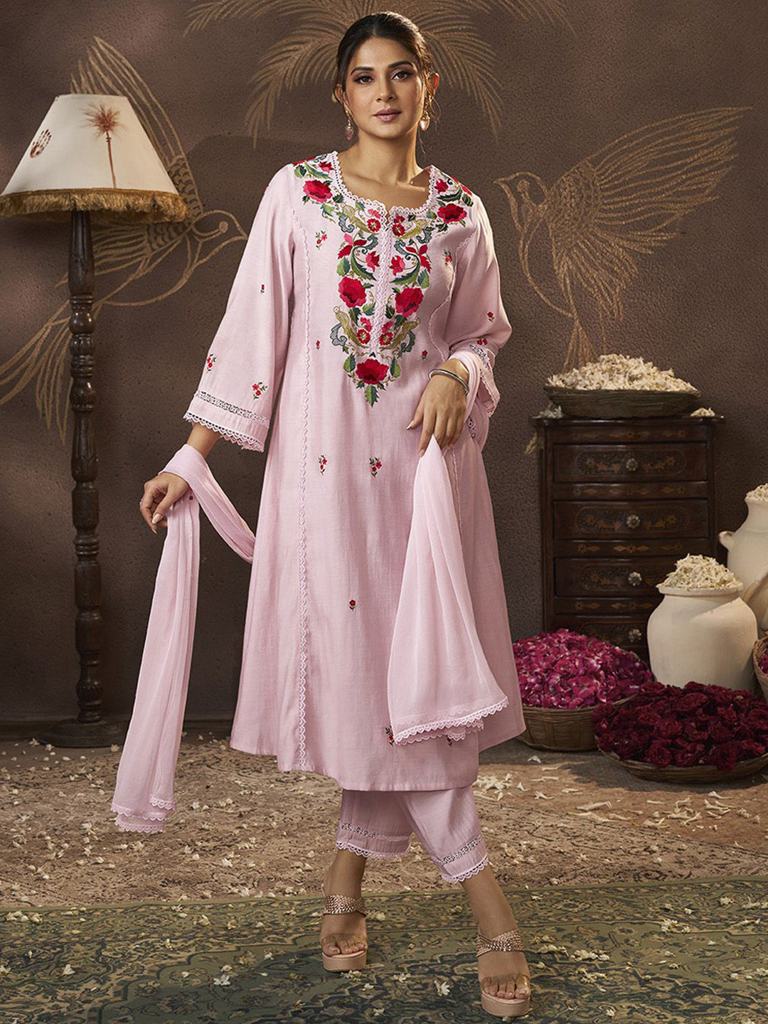 Bhama Couture Jennifer Winget Notch Neck Cotton Silk A-Line Kurta With Trouser & Dupatta