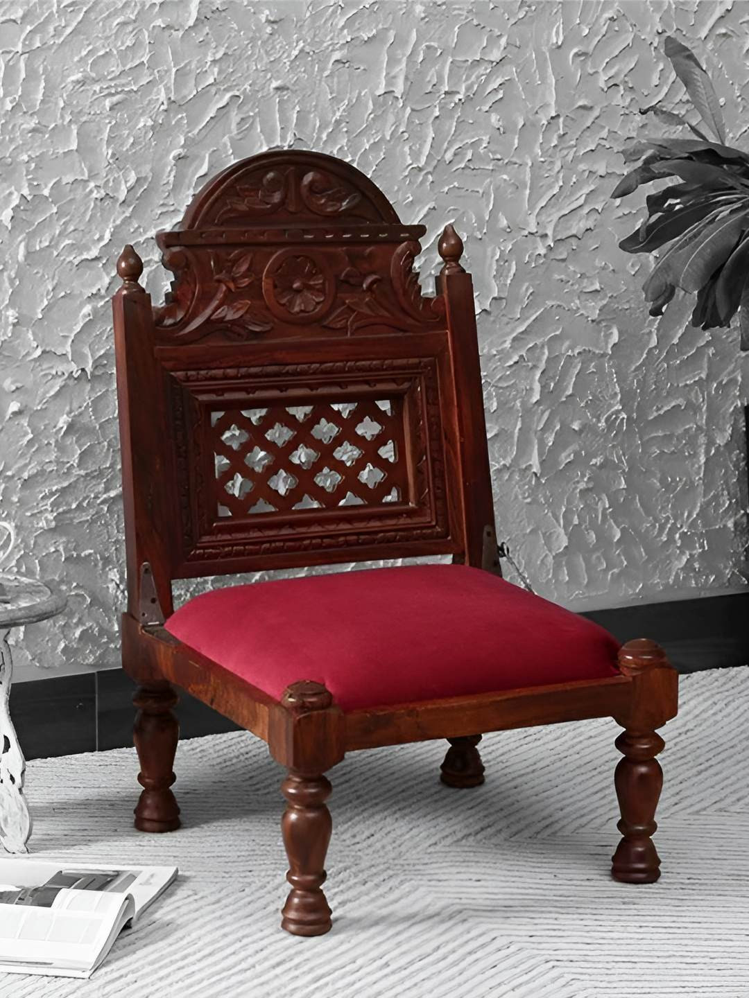 GLOBALLY INDIAN Brown & Red Sheesham Wood Accent-Style Lounge Chair