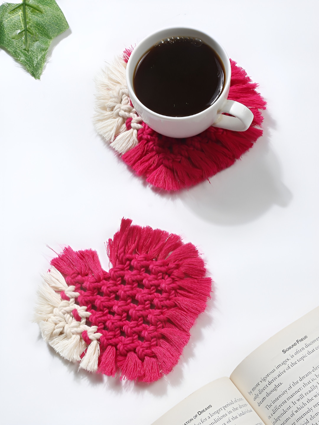 My Creative Hut White & Pink 2 Pcs Heart Shape Macrame Coasters