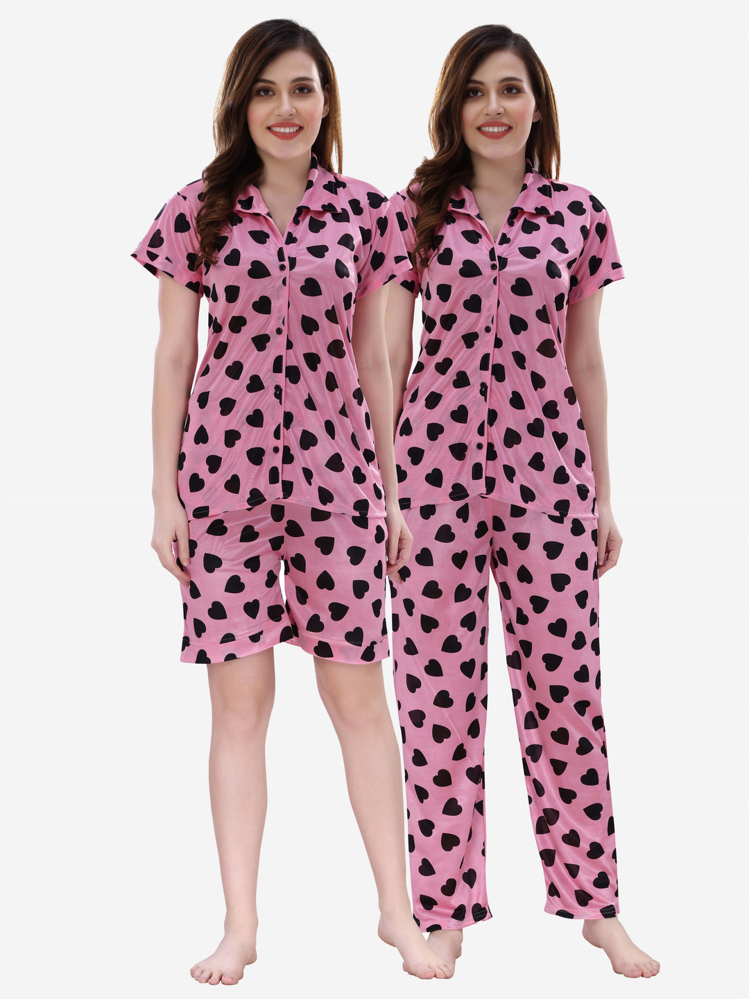 Dreambe Women Satin Printed Top and Pyjama with Shorts Night suit