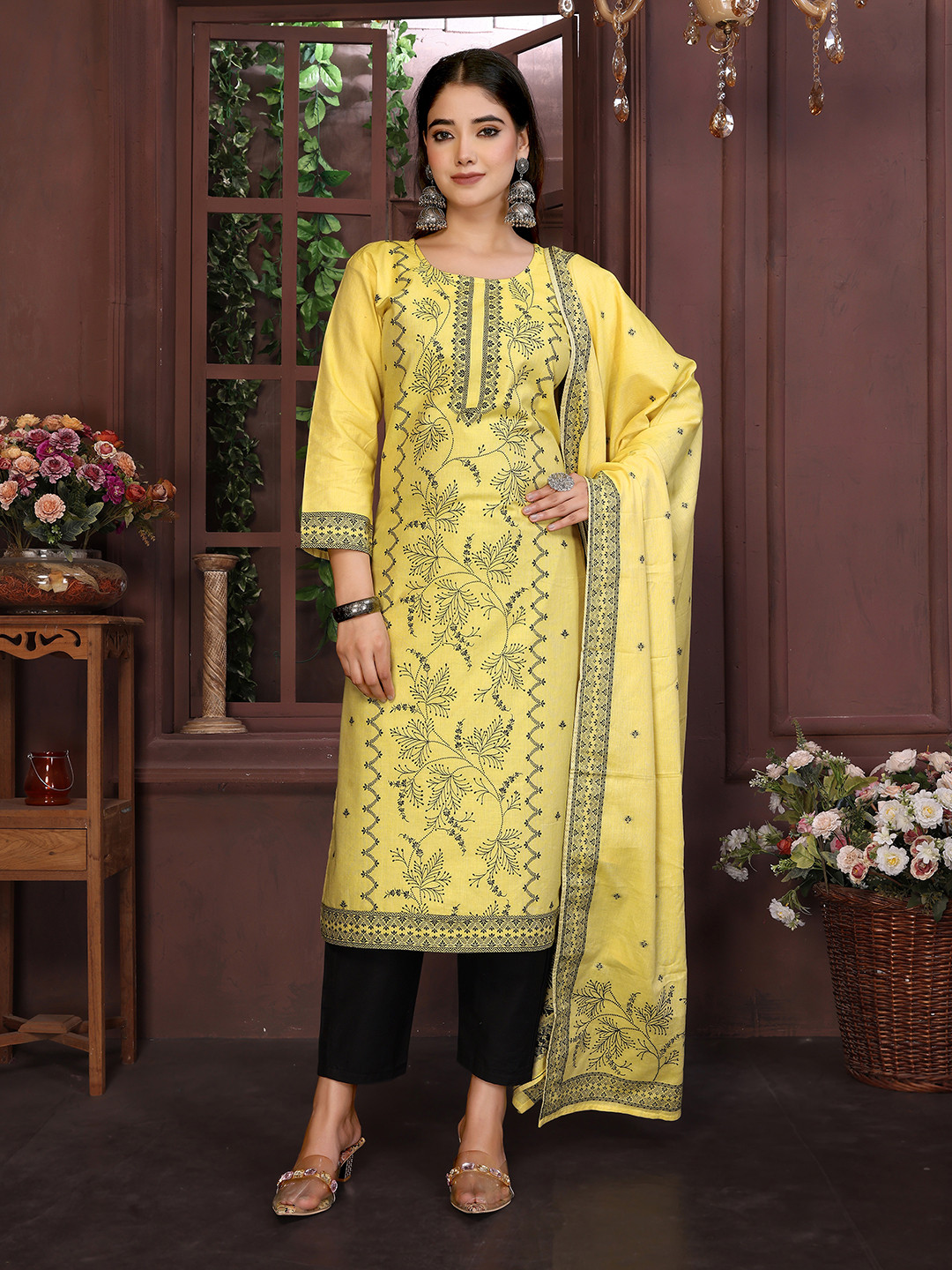 Royal Export Floral Printed Round Neck Straight Kurta With Trouser & Dupatta