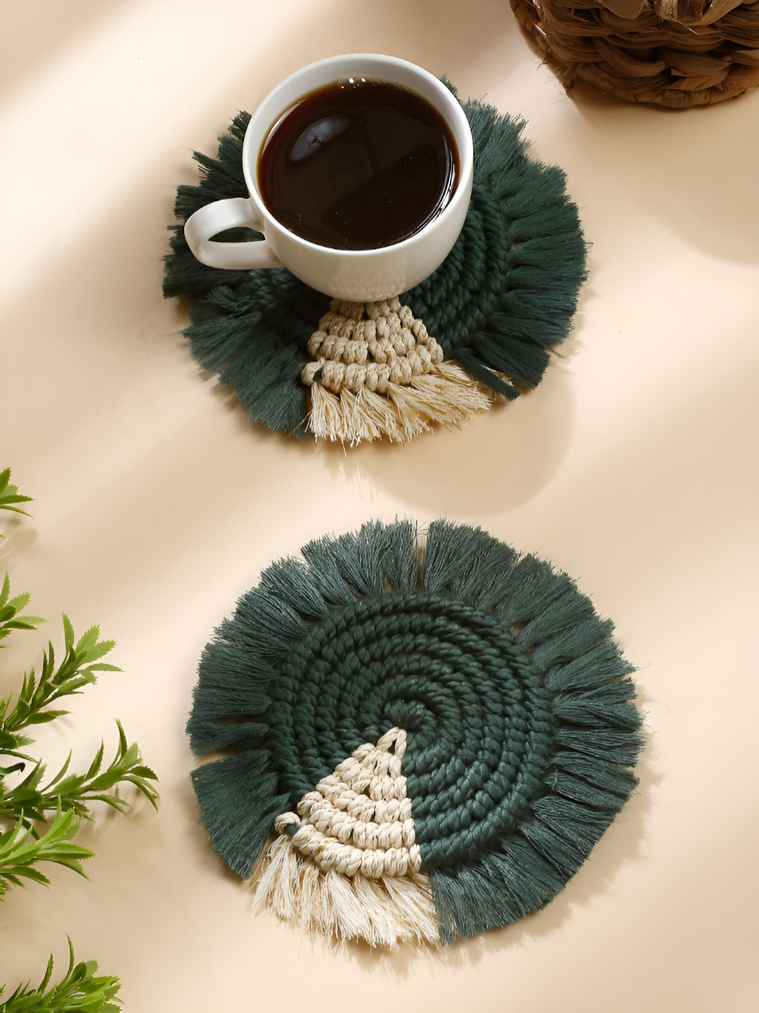 My Creative Hut Green & Beige 2 Pieces Braided Bohomian Style Round Coasters