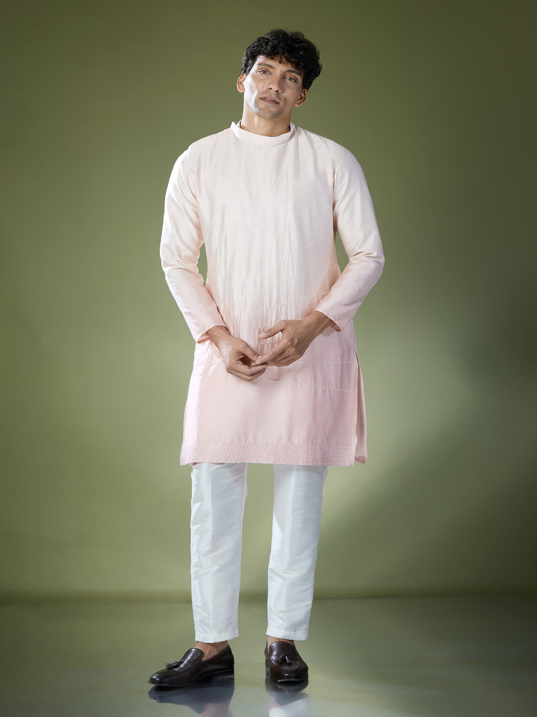 RNG Safawala Men Thread Work Mandarin Collar Ombre Dupion Silk Straight Kurta & Trousers