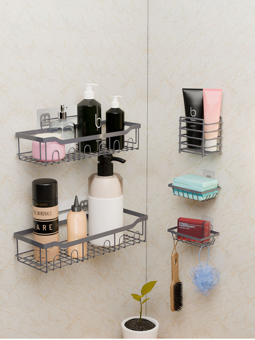 Kuber Industries Grey 5 Pieces Self Adhesive Metal Bathroom Rack Organiser without Drill