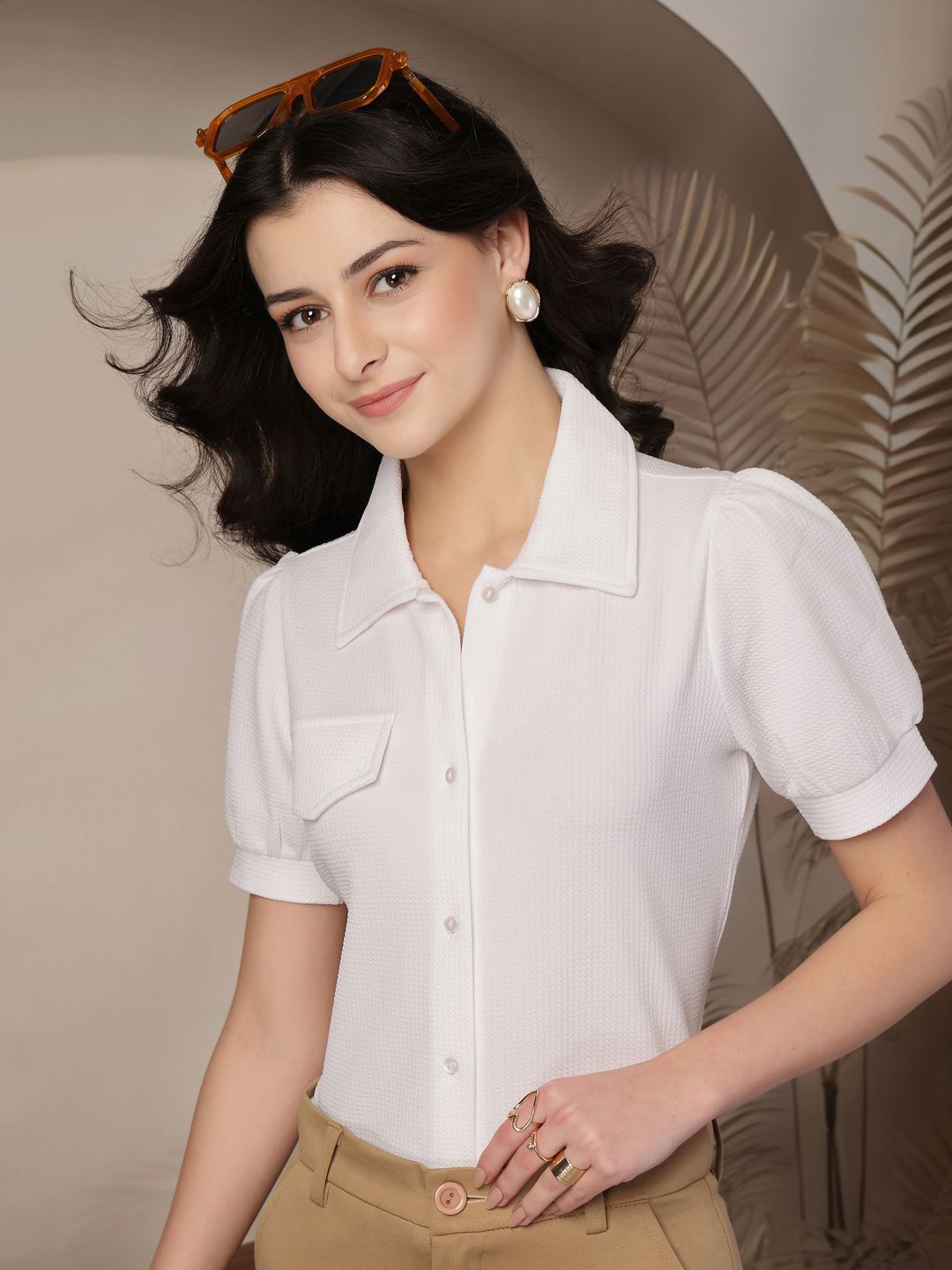Style Quotient Texture Puff Sleeves Formal Shirt Style Top
