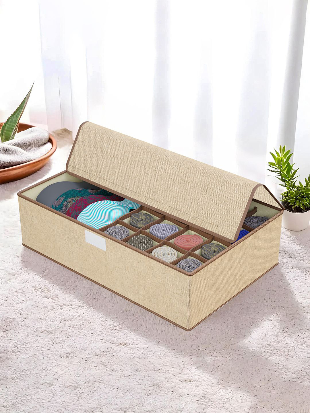 Kuber Industries Beige & Brown Multi-Grid Drawer Organiser