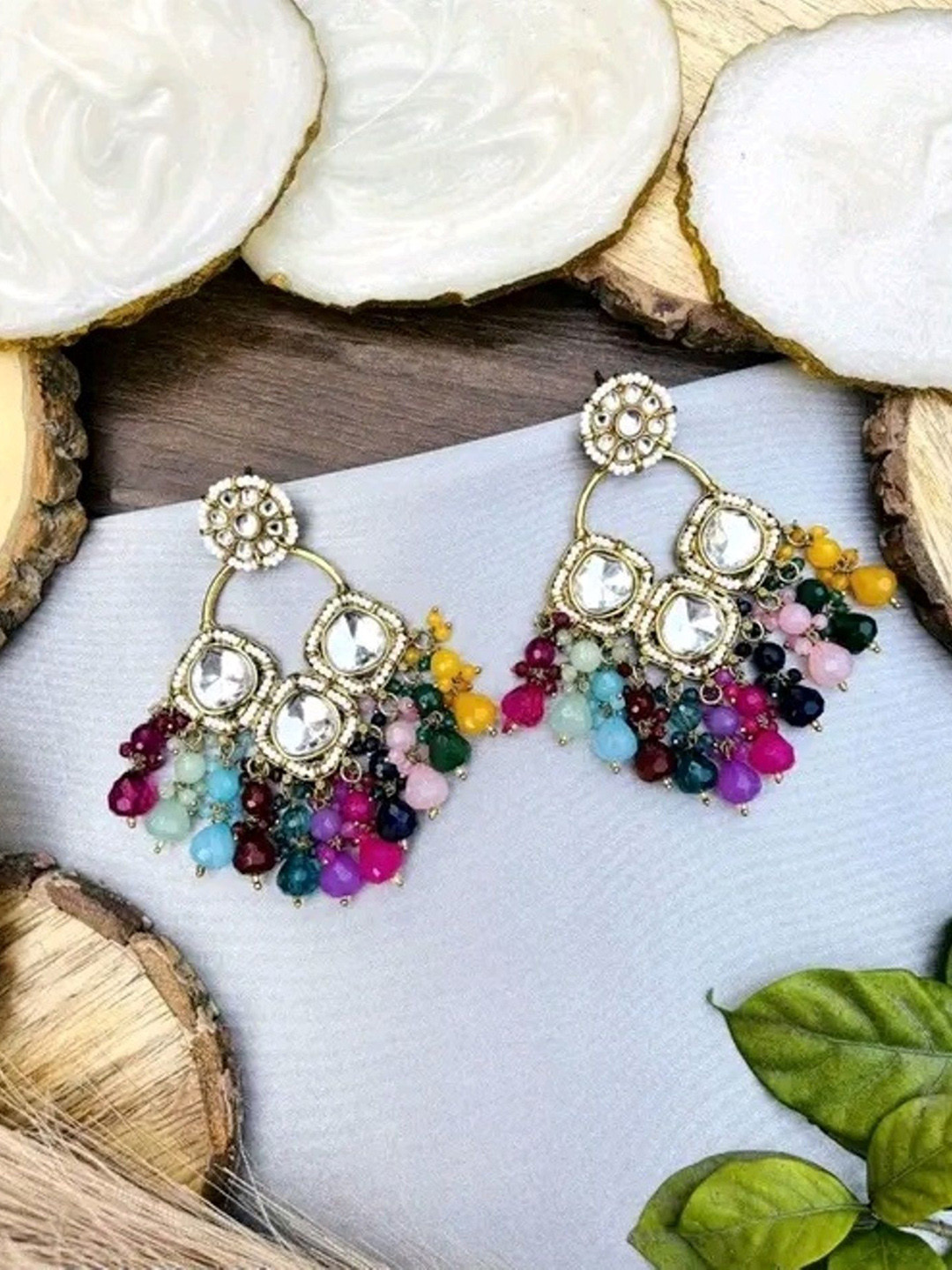MADDY SPACE Silver-Plated Artificial Stones Studded And Beaded Contemporary Drop Earrings