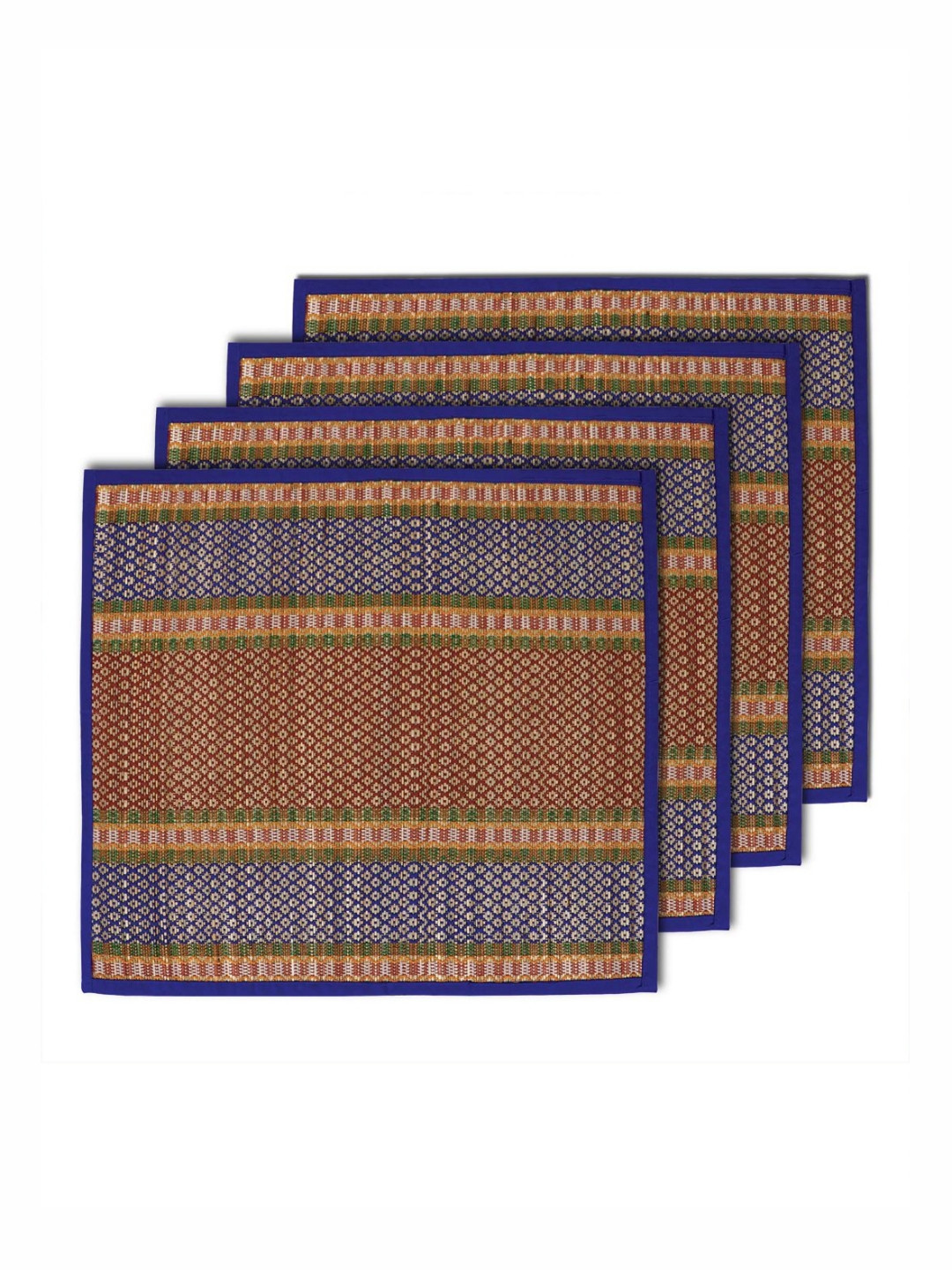 HOKIPO 4 Pcs Blue & Red River Grass Patterned Floor Mats