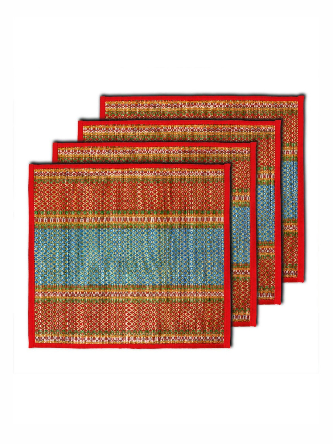 HOKIPO 4Pcs Red & Blue River Grass Patterned Floor Mats