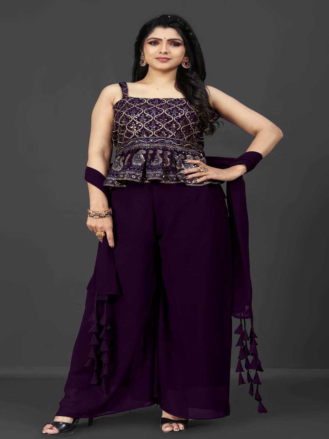 SANCIA Shoulder Straps Embroidered Ethnic Georgette Top With Palazzos & Dupatta