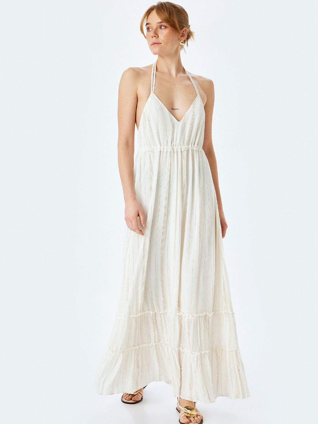 Koton Women's Sleeveless Halter Neck Tie-Ups Tiered Maxi Dress