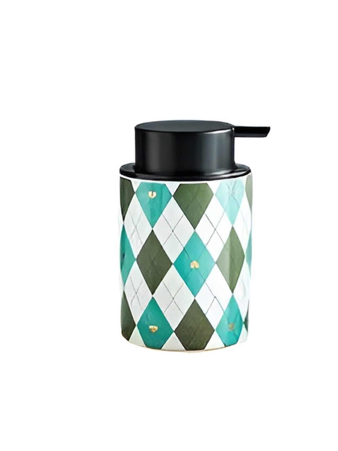 FabSeasons Green & White Checked Ceramic Suction Soap Dispenser 350 ml
