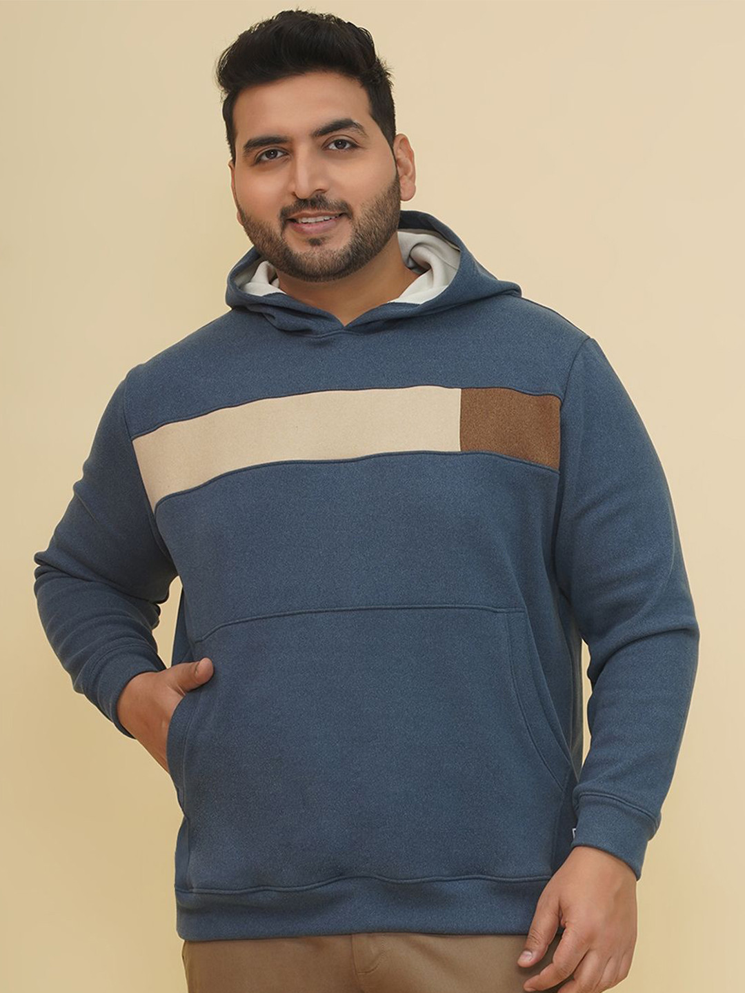 John Pride Men Colourblocked Hooded Plus Size Sweatshirt