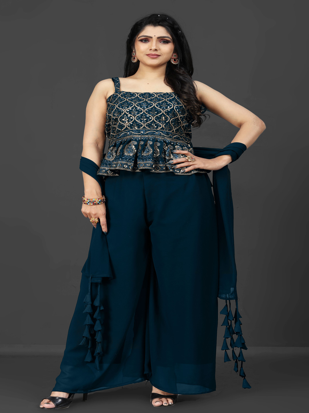 SANCIA Embroidered Sequins Top With Palazzos And Dupatta