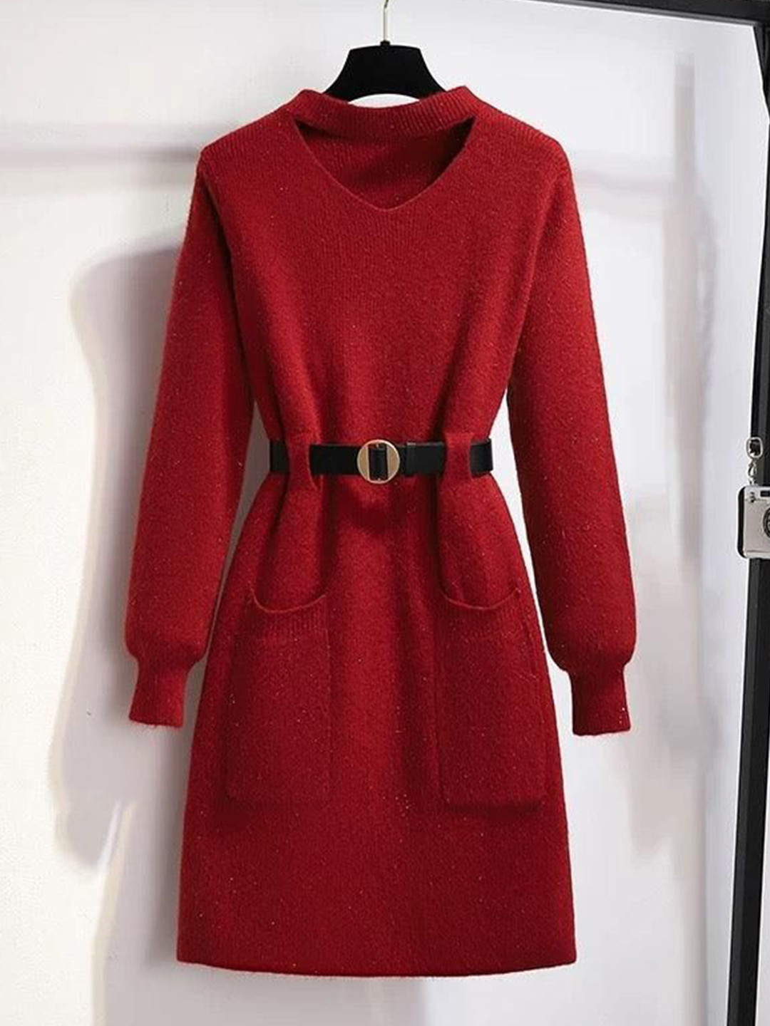 Miss Mosa By Akanksha  Red Hyacinth Knitted Dress With Belt