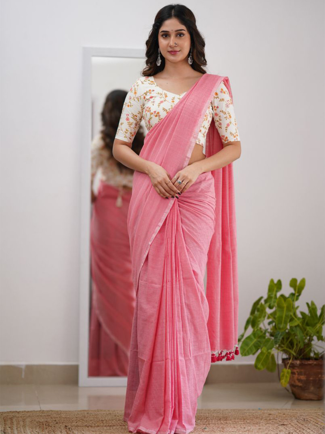 Sutisancha Peach Handloom Cotton Saree with Designer Blouse