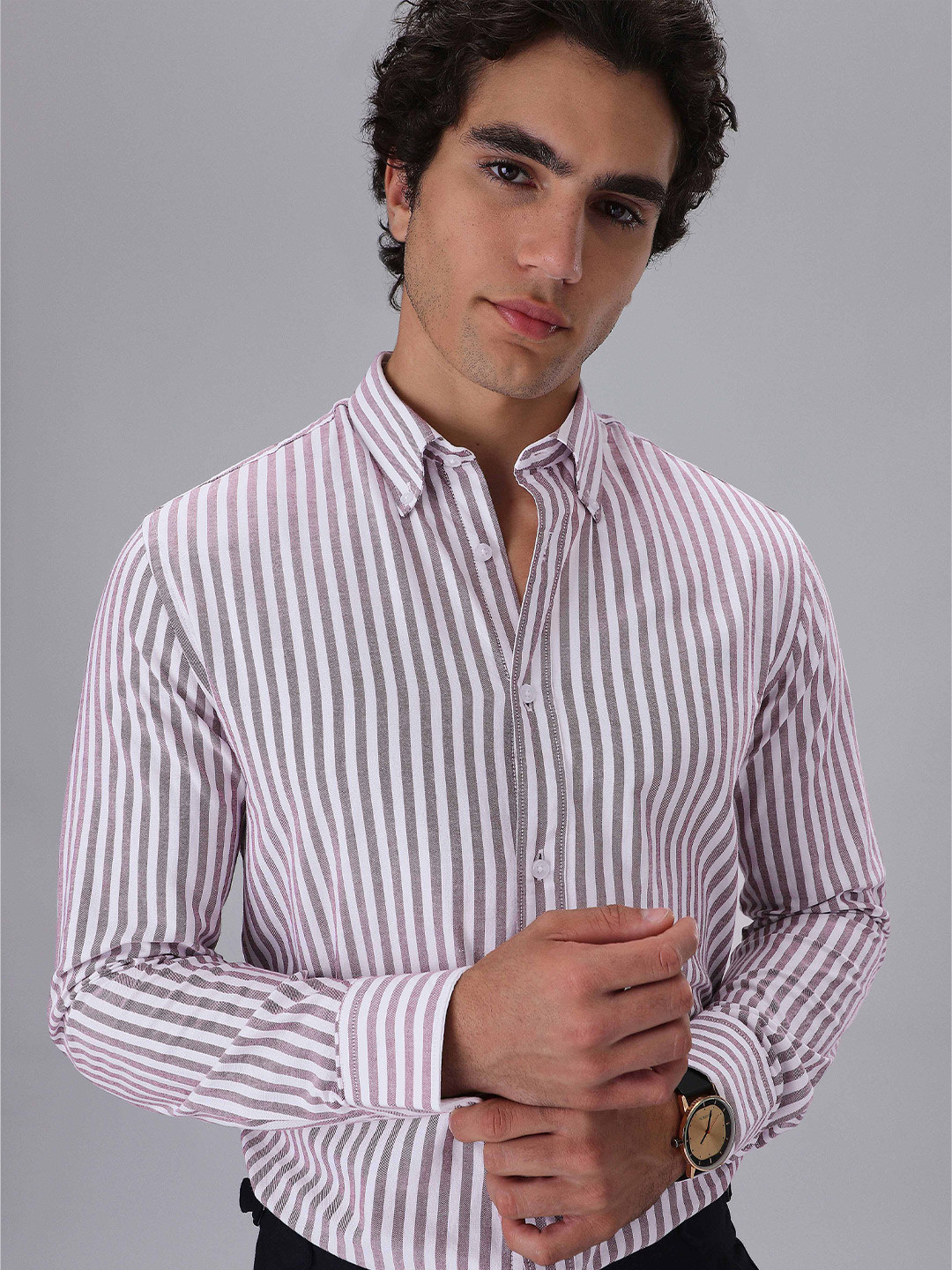 Banana Club Men Maroon Cotton Oxford Stripe Shirt