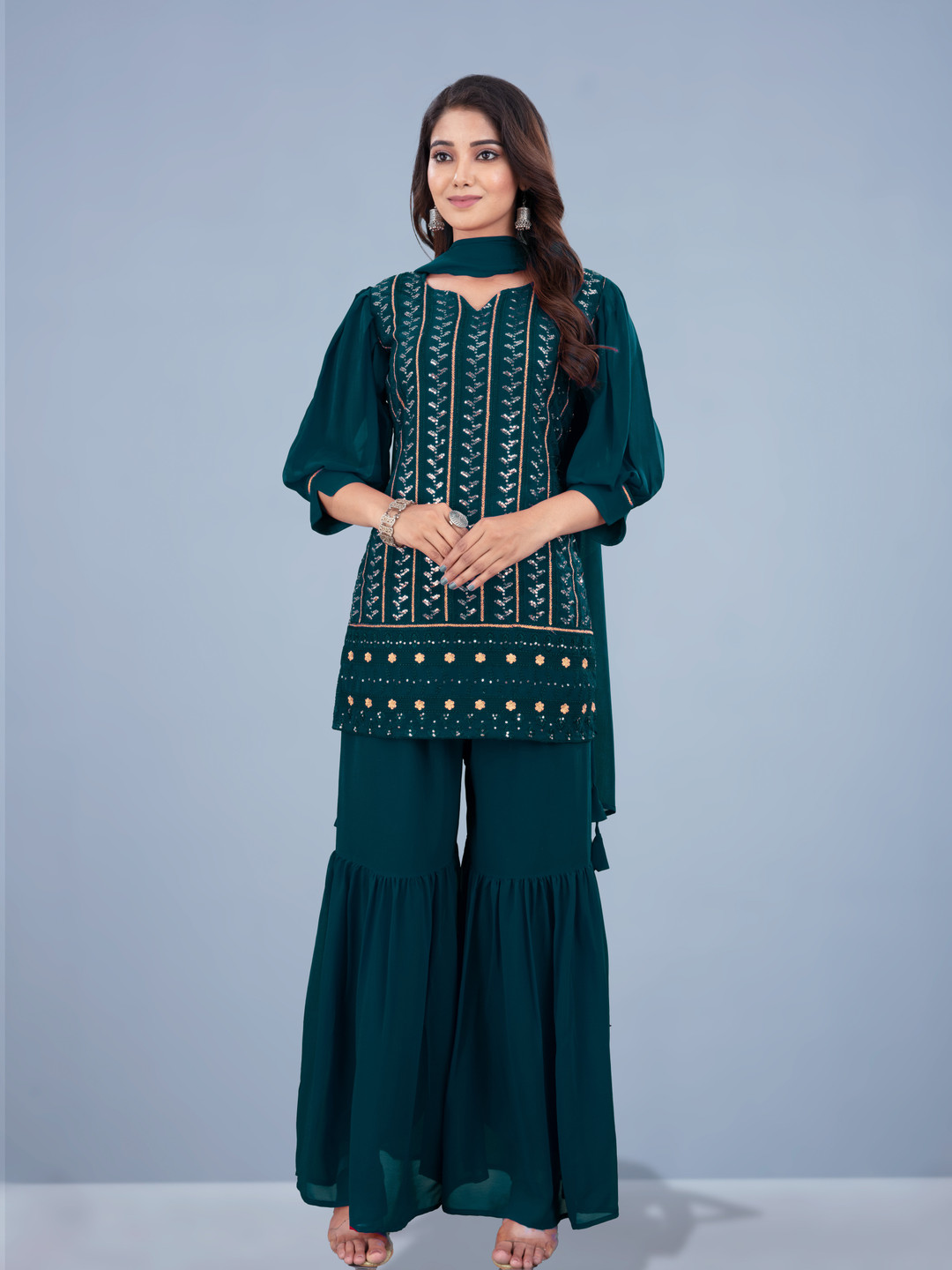SANCIA Notch-Neck Embroidered Sequinned Georgette Straight Kurta With Sharara And Dupatta