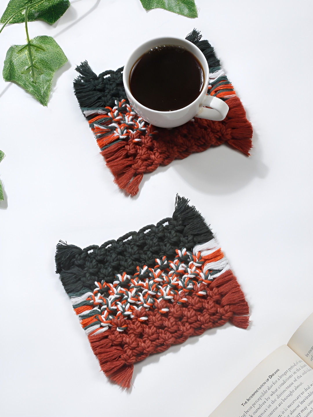 My Creative Hut Red & Green 2 Pieces Braided Bohomian Style Cotton Square Coasters