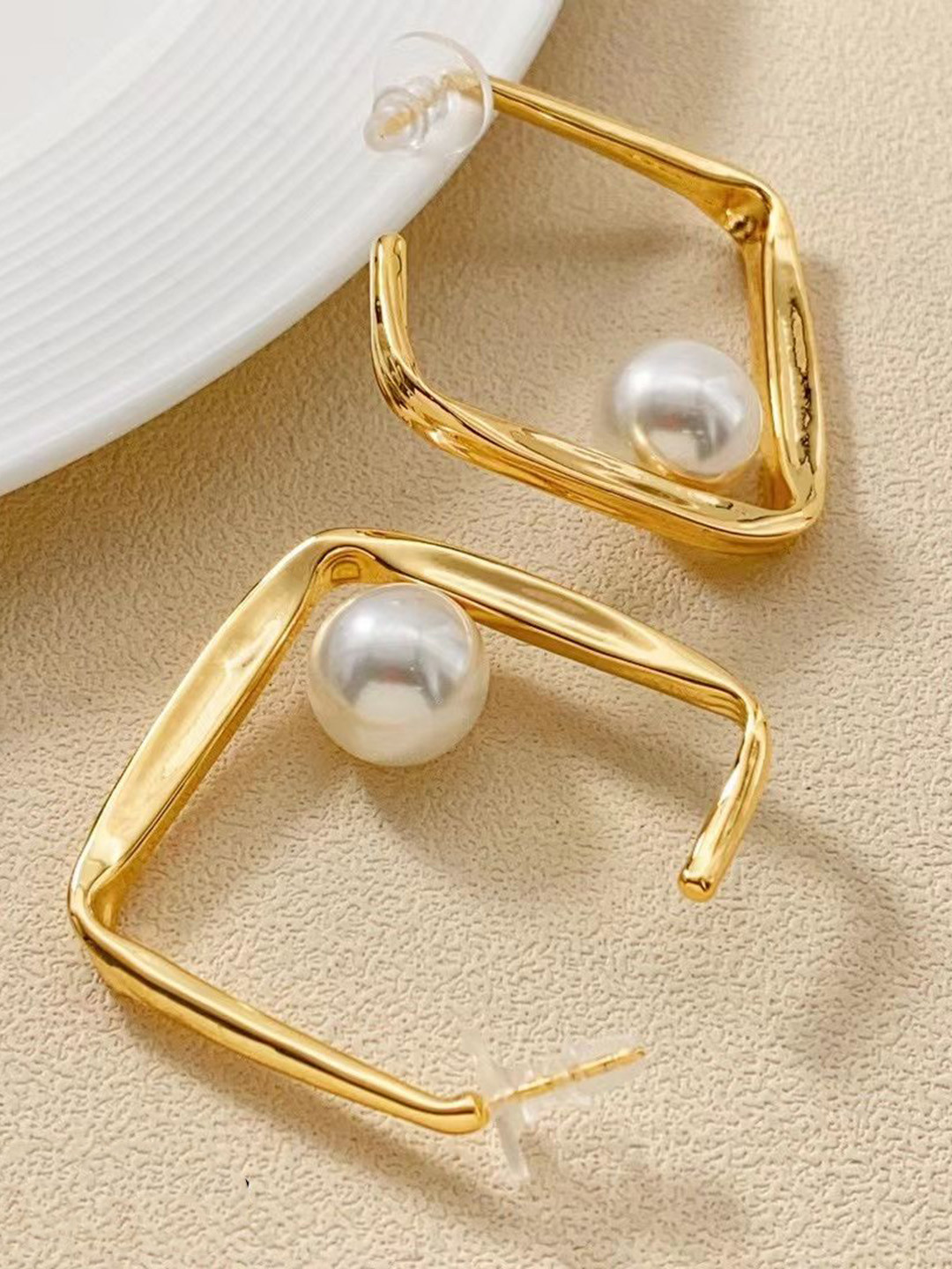 KAORI BY SHREYA AGARWAL Stainless Steel Gold-Plated Mother Of Pearl Half Hoop Earrings