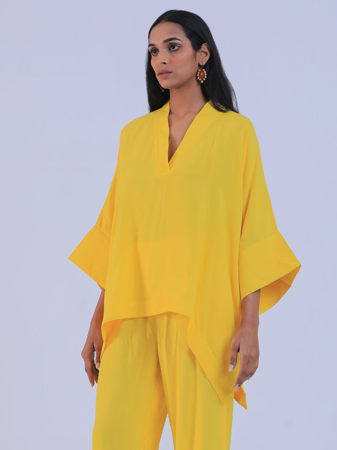 TJORI Women Yellow Color Vneck High-Low Top