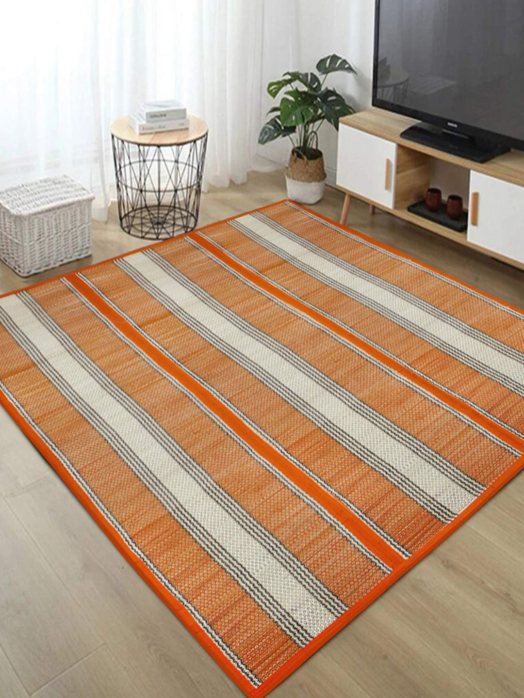 HOKIPO Orange-Colored & White Madurkathi Patterned Floor Mats