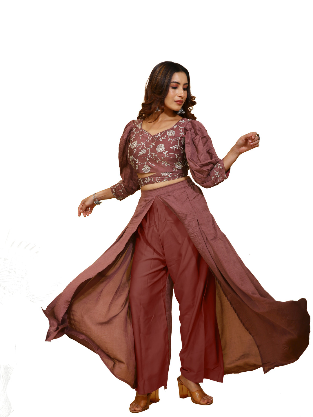 SANCIA Embroidered Puff Sleeves Crop Top With Palazzo