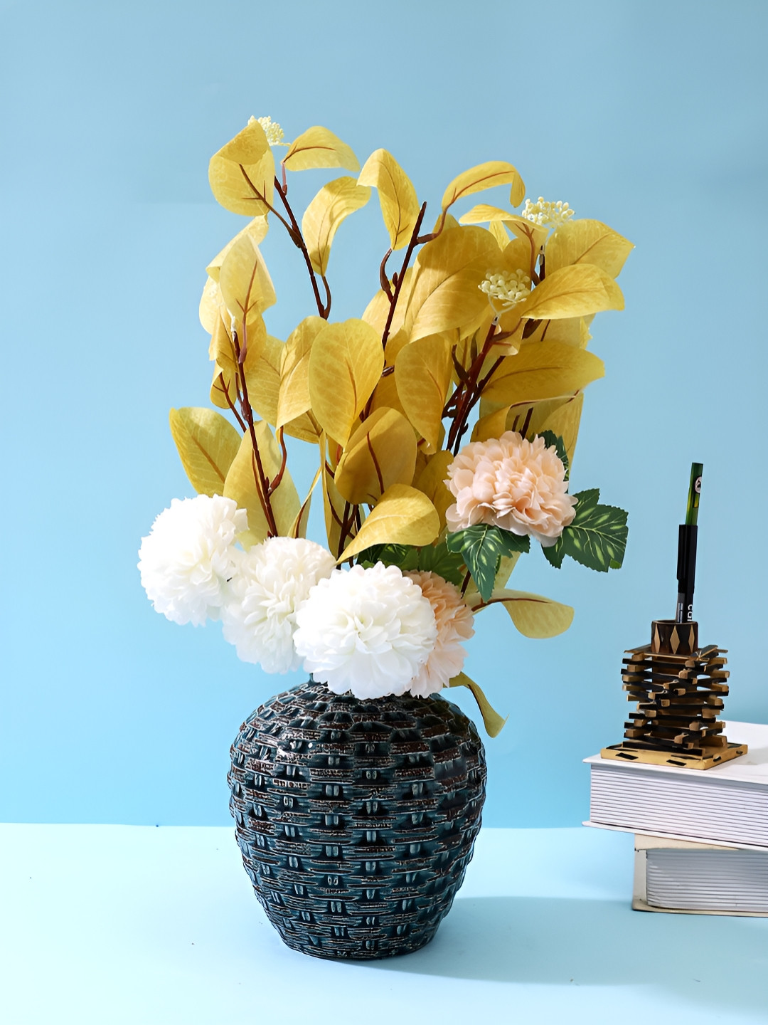 TAYHAA Yellow & White 2 Pieces  Ivory and Peach Chrysanthemum Artificial Flower