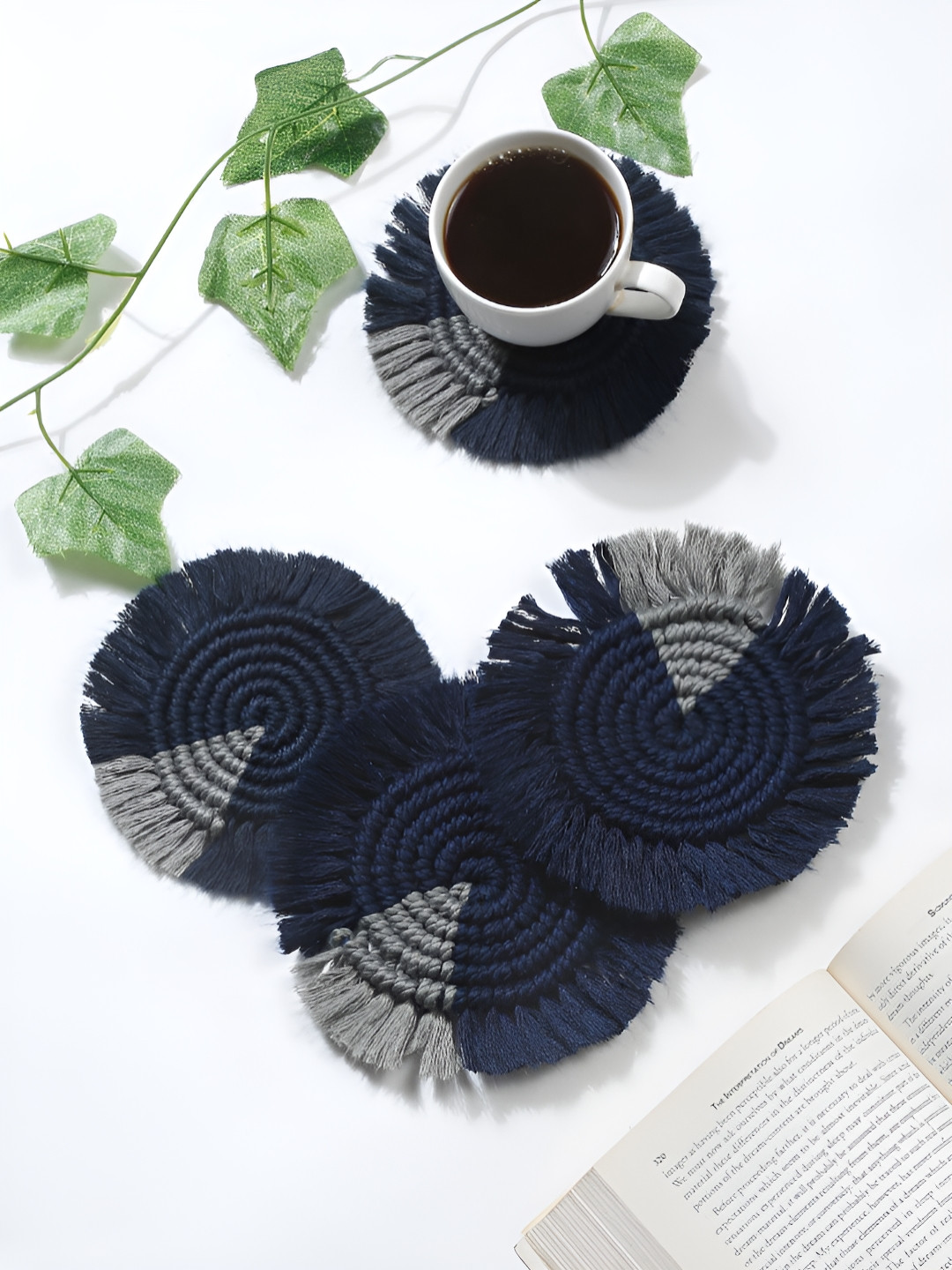 My Creative Hut Navy Blue & Grey 4 Pieces Braided Bohomian Style Round Coasters