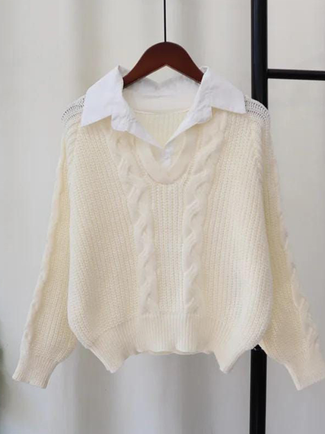 Miss Mosa By Akanksha  Women Beige Siya Statement Tops with Attached Sweater