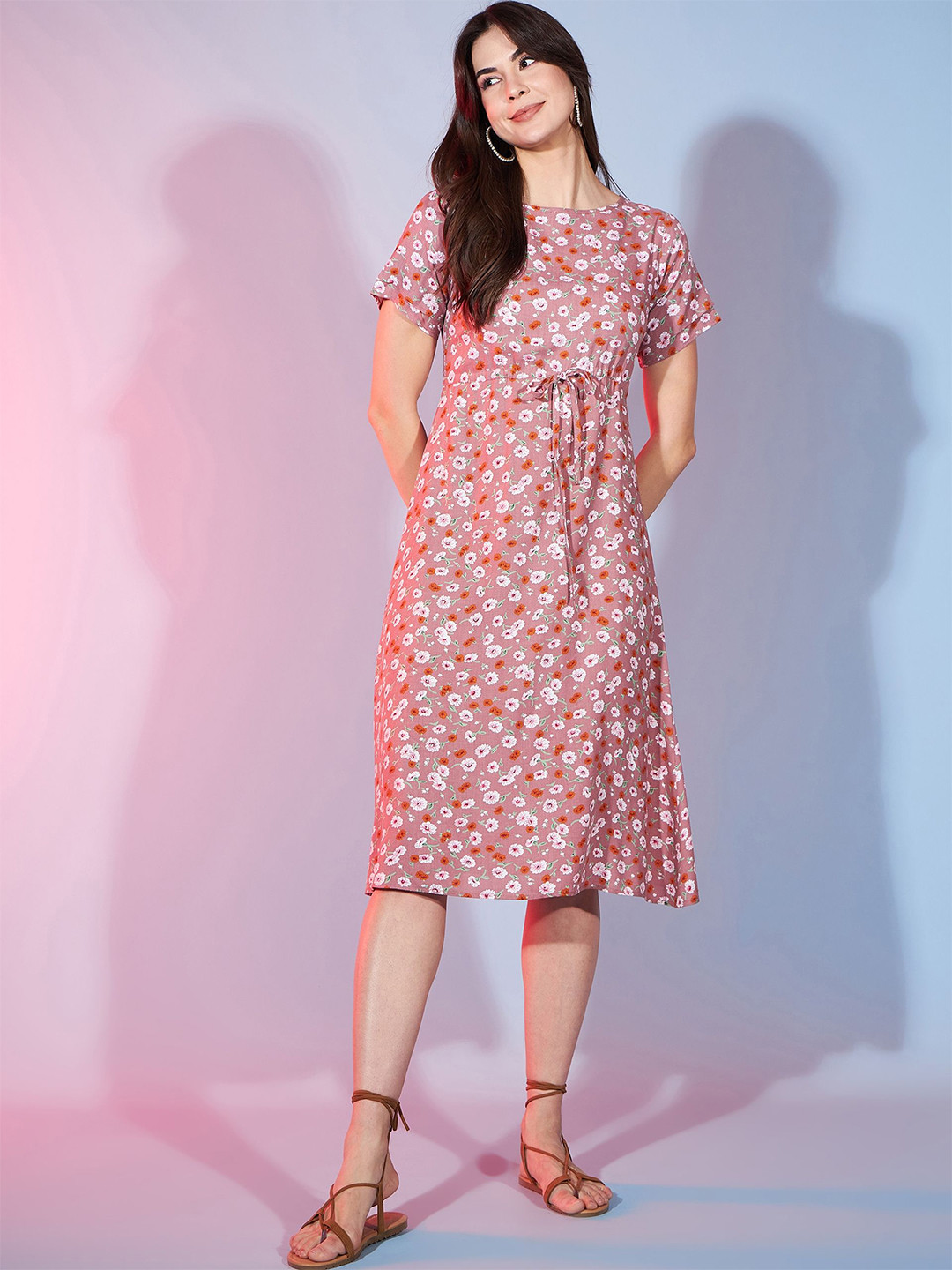 DressBerry Floral Printed Fit & Flare Tie-Ups Midi Dress