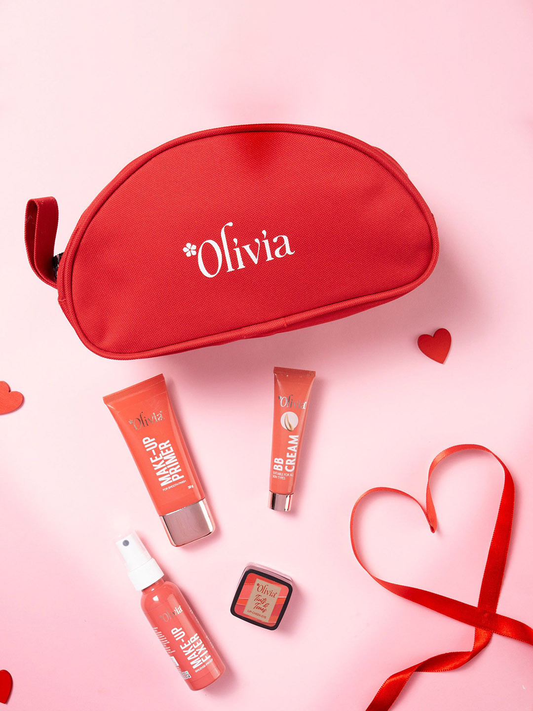 Olivia Set of 5 BB Cream Primer Lip and Cheek Tint & Fixer with Pouch